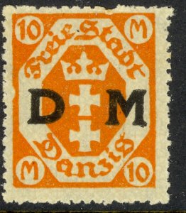 DANZIG 1921-23 10m Orange INDENTED FRAME DM Overprint OFFICIAL Sc O26 MH