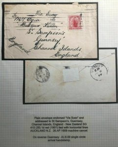 1909 Auckland New Zeland Cover To Guernsey Channel Islands England Via Suez