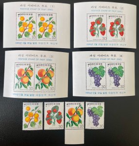 South Korea 893a-896a & 893-896 / 1974 Fruit Souvenir Sheets & Singles / MNH