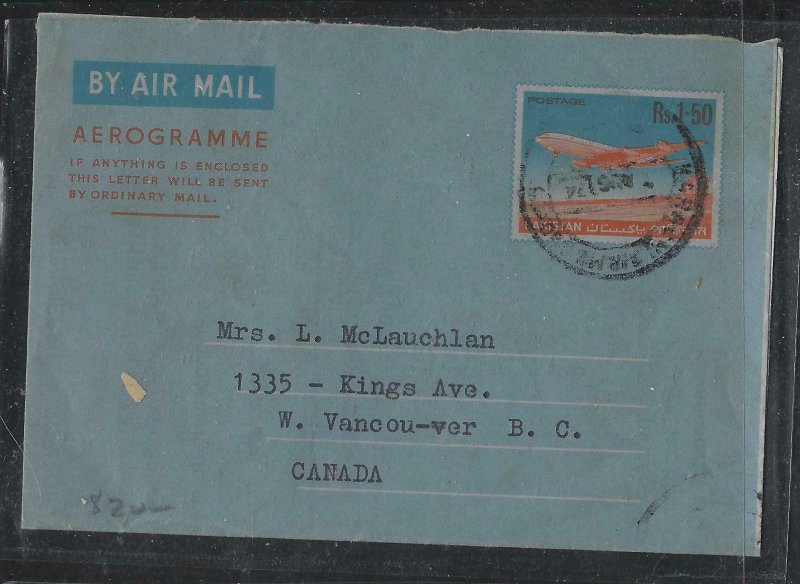 PAKISTAN  COVER (PP1404B) 1974 1.5R AIRPLANE  AEROGRAM SENT TO  CANADA