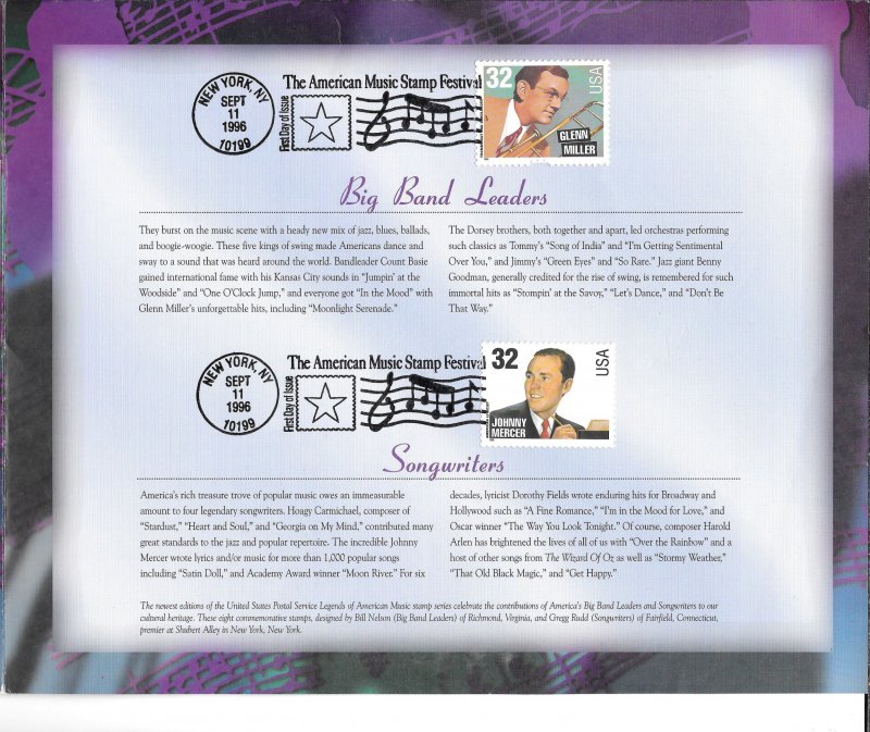 #3096-03 FDC USPS Signed Ceremony Program BIG BAND LEADERS & SONG WRITERS (my8)