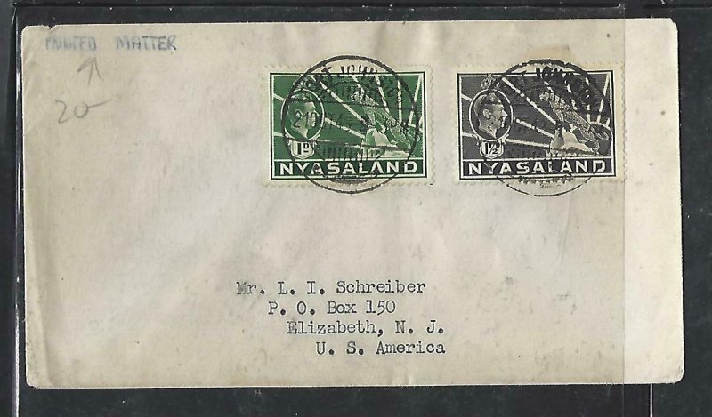 NYASALAND  COVER (P3009B) 1943  KGVI  LEOPARD  1D+1 1/2D PRINTED MATTER TO USA