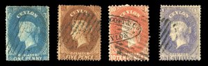 Ceylon #17/34, 1861 1p, 5p, 10p, 1sh, four different values, used