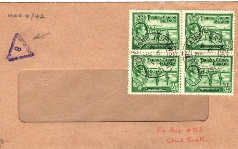 TURKS & CAICOS KGVI Cover CENSOR/MISSENT Mark?  ½d Block{4} 1942 WW2 PB230