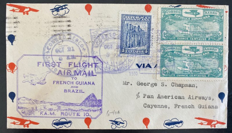 1930 Dominican Republic First Flight Airmail Cover FFC To Cayenne French Guiana 