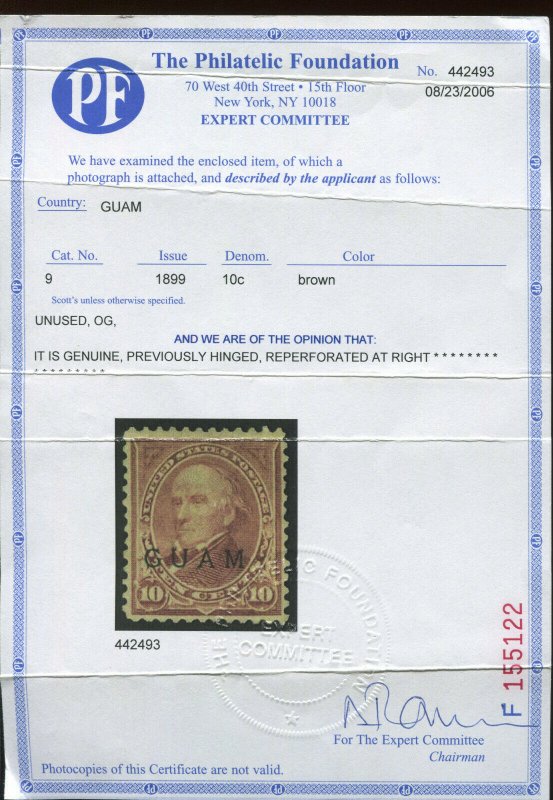 Guam Scott 9 Type 2 Mint Stamp with PF Cert (Stock Guam 9-PF2)