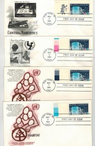 1984 HEALTH RESEARCH STAMP 2087 SET OF 4 VARIETIES ON U.N CACHETS & DIFF MARGINS