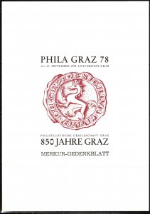 1978 Austria Commemorative Folder PHILA GRAZ 78 850th Anniversary Graz