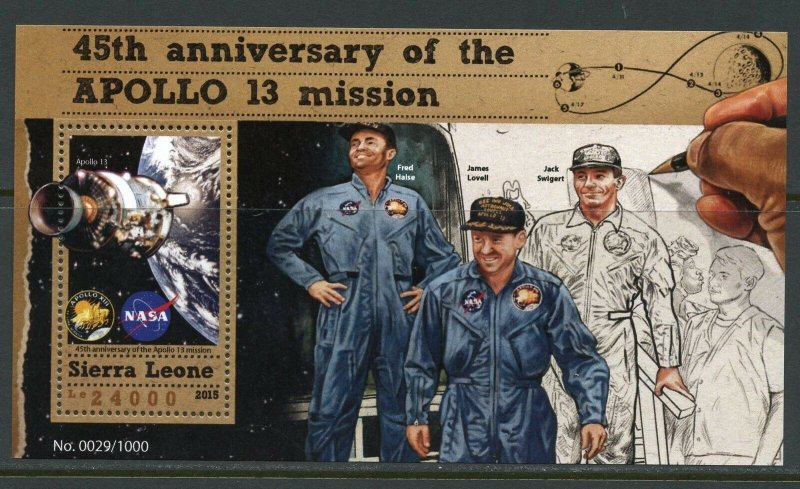 SIERRA LEONE 2015 45th ANN OF THE APOLLO 13 MISSION LOVELL HAISE SWIGERT S/S  NH