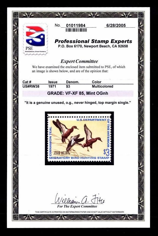 RW38 MINT FEDERAL DUCK STAMP - OGNH - PSE GRADED 85 VF/XF - CV$47.50 (E#1984)