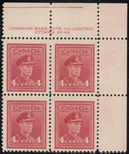 Canada 1943 MNH Sc #254 4c George VI War Plate 49 UR Block of 4