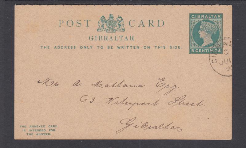 Gibraltar H&G 18 used 1889 5c + 5c Postal Reply Double Card, fresh & VF