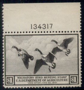 US #RW3, $1.00 Canada Geese, Plate No. Single, og, NH, minute gum wrinkle, VF