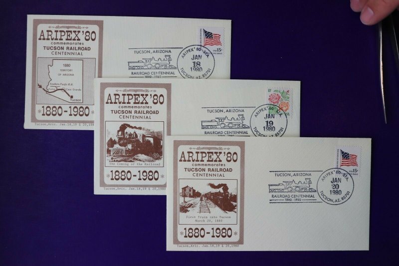 ARIPEX 1980 Philatelic show expo souvenir cachet cover set Tucson RR Centennial