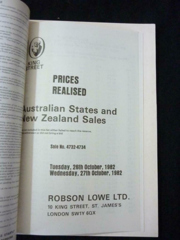 ROBSON LOWE AUCTION CATALOGUE 1982 AUSTRALIAN STATES AND NEW ZEALAND