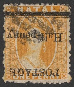 NATAL 1877 'POSTAGE Half-penny' on QV 1d yellow, error INVERTED.