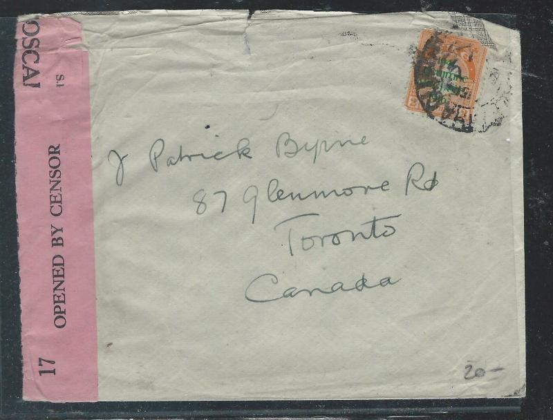 IRELAND (P0110B) 2D ORANGE OVPT CENSOR COVER TO CANADA MISSING BACK FLAP