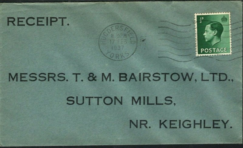 GB KEVIII Cover 1937 Yorks *SUTTON MILLS* Huddersfield Machine Keighley GR15 