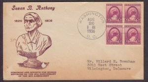 1936 Susan B. Anthony women's suffrage Sc 784-16 Bronesky cachet, block of 4