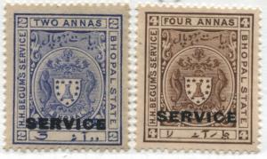 India 1908 Bhopal State Officials 2 & 4 annas unused no gum