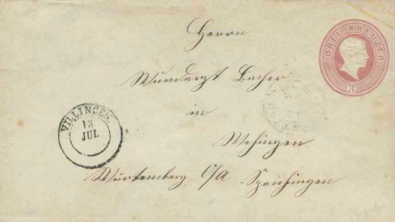 Germany Baden 3Kr Frederick I Envelope 1867 Villingen to Spaichingen.  Crease...