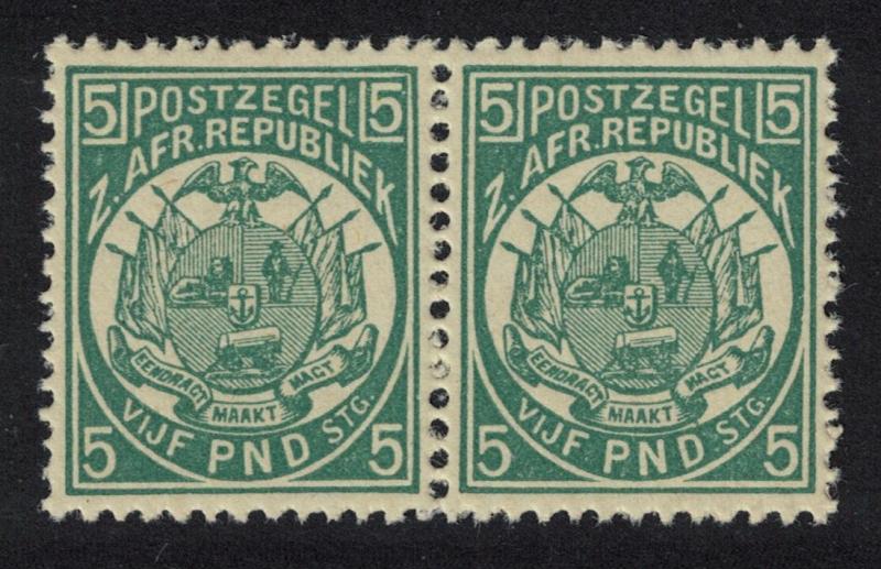 Transvaal £5 Deep Green pair REPRINT perf 12? SG#187