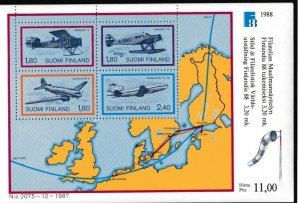 Finland # 773, Finlandia 88,  Airplanes- Maps Souvenir Sheet, Mint NH, 1/2 Cat.