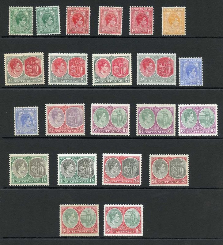 St Kitts SG68/77 set to 5/- with different perfs and shades M/M 