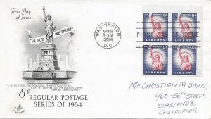 1954 FDC, #1041, 8c Statue of Liberty, Art Craft, block of 4