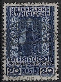 Austrian Offices in Turkey 1908 Sc 54 Used 20pi VF, Constantinople cancel