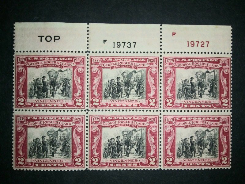 RIV: US MNH 651 Plate Block of Six FRESH 2 cent 1929 George Rogers Clark mint 2M
