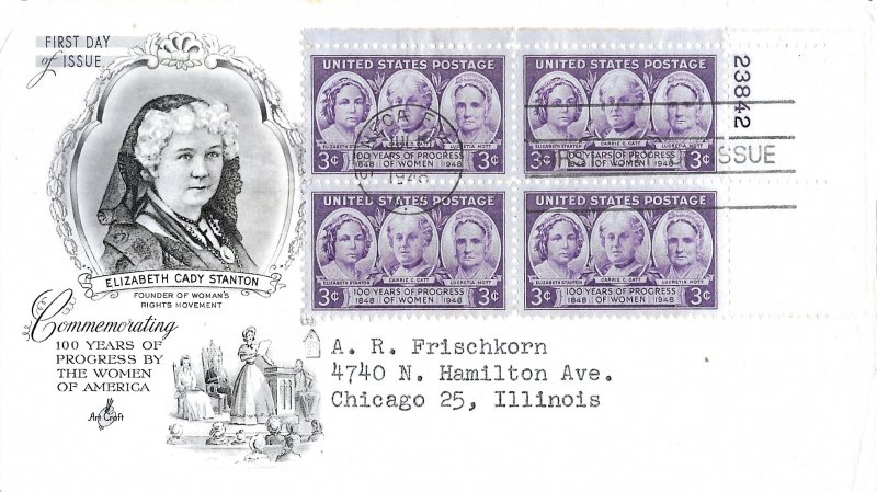 1948 FDC, #959, 3c Progress of Women, Art Craft, plate block of 4