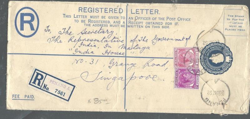 MALAYA PENANG (PP2508B) KGVI 20C RLE UPRATED 5C+10C 1952 TO SINGAPORE