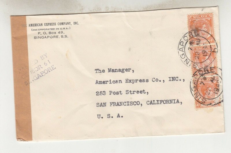 STRAITS SETTLEMENTS, 1940 censored cover to USA, KGVI 4c. Orange (3)