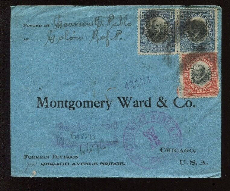 Canal Zone 39 & 40 on Registered Cover to Montgomery Ward Chicago CZ MOB20