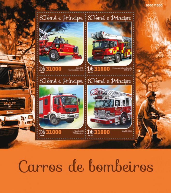 Sao Tome & Principe 2016 MNH Fire Engines Essex Ladder Trucks 4v M/S Stamps 