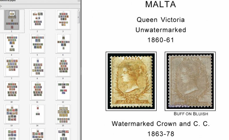 MALTA STAMP ALBUM PAGES 1860-2011 (196 PDF color illustrated pages)