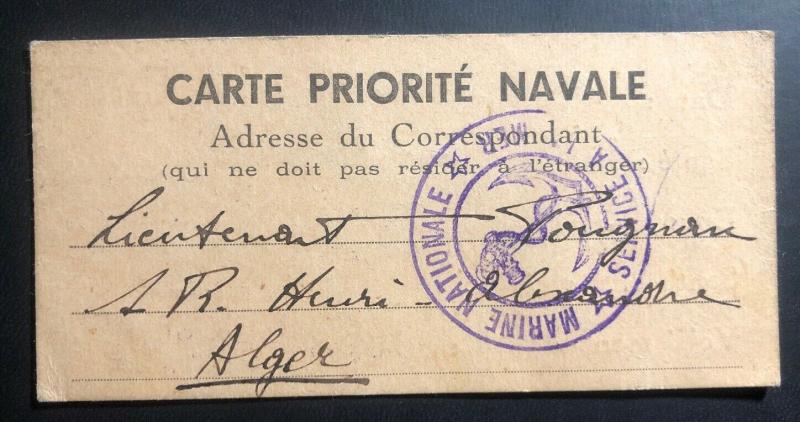 1940s WW2 National Navy Post Office Algeria France Official Postcard Cover