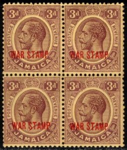 1919 Jamaica Scott #- MR 11 3 Pence King George V War Stamp Overprint Block/4