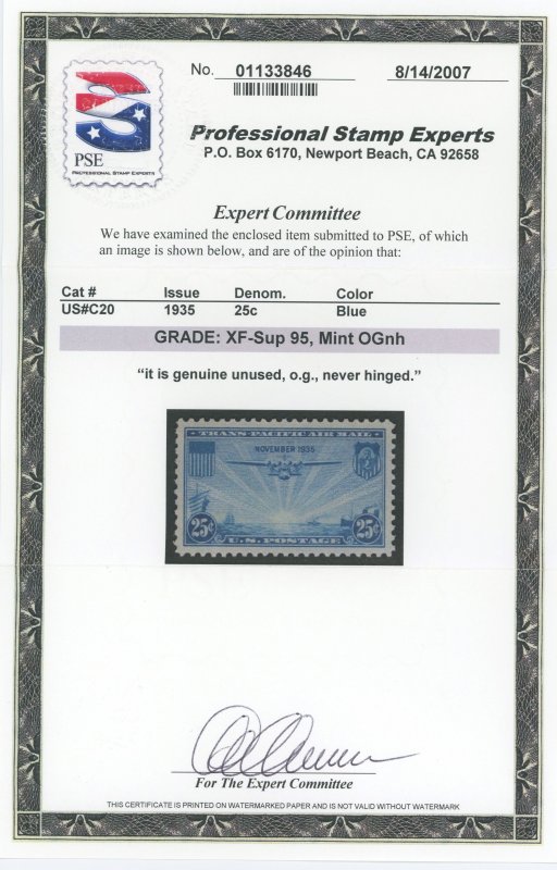 C20 - 25 cent China Clipper - PSE Graded Cert: XF/Superb 95 Mint OGnh