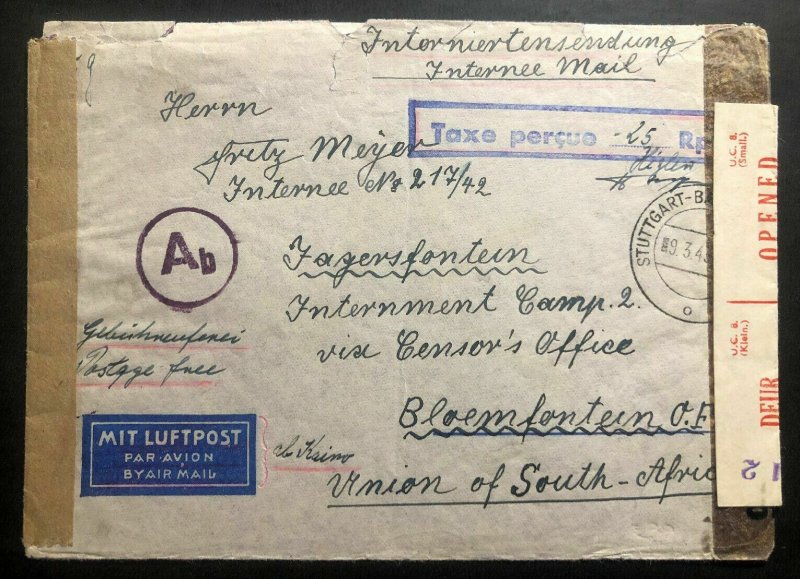 1943 Stuttgart Germany Cover To South Africa Jagersfontein Internment Camp POW
