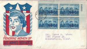 1952 FDC, #1013, 3c Women in Our Armed Services, CC/Boll, plate block