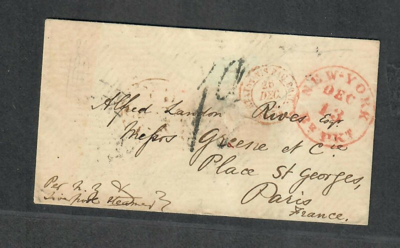 Transatlantic Ship Stampless Cover 1854 NY To Paris France