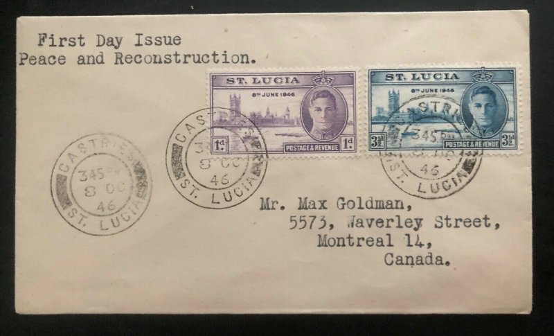 1946 Castries St Lucia First Day Cover FDC Peace & Reconstruction To Canada