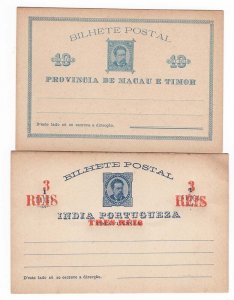 Portuguese India 1887 3r on 1r postal card unused + a 10r card from Macau