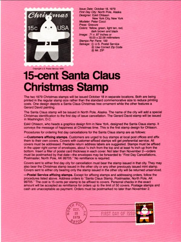 US SP477 Christmas Santa 1800 Souvenir Page FDC