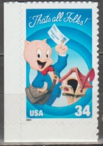 3535a, Single-BL, W/Die Cut in Margins. Porky Pig MNH, .34 cent.