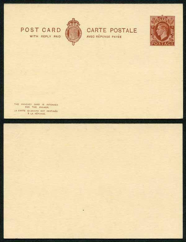 CP98 KGVI 1 1/2d + 1 1/2d Brown Foreign Reply Postcard Mint Rare