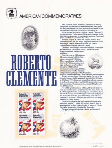 USPS Commemorative Panel 227 Roberto Clemente #2097 Baseball HOF Blk/4 Mint 1984 