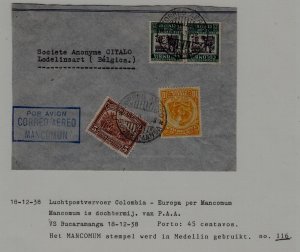 Colombia/Belgium airmail cover 18.12.38